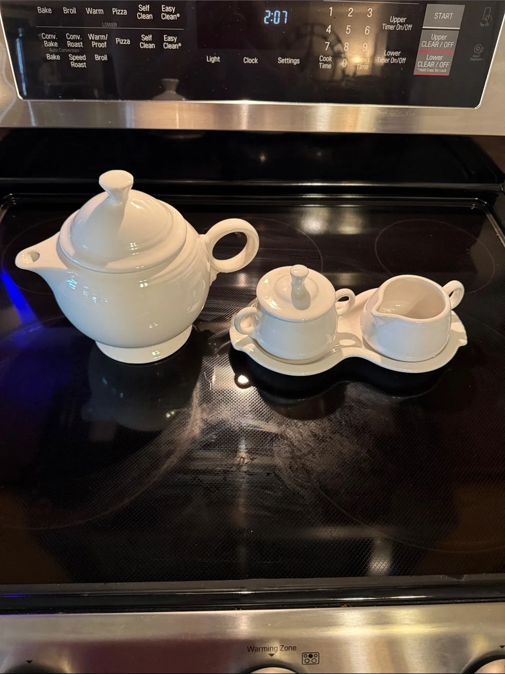 Fiestaware White Teapot with Sugar and Creamer plus Tray - Picture 1 of 10